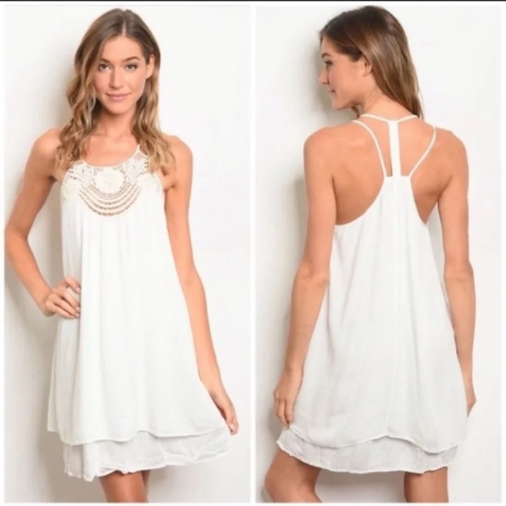 White and tan crocheted neck and strappy back dress Small S - Picture 1 of 7